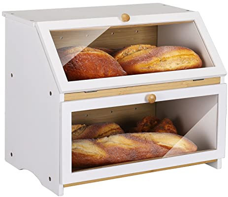 HOMEKOKO Grande scatola per il pane a doppio strato, per bancone della cucina, in legno, grande capacità, colore bianco