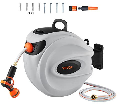 VEVOR Avvolgitubo retrattile, 19,8 m x 5/8, staffa girevole a 180°, montaggio a parete, avvolgitubo dell'acqua da giardino con ugello a 9 modelli, riavvolgimento automatico, blocco a qualsiasi