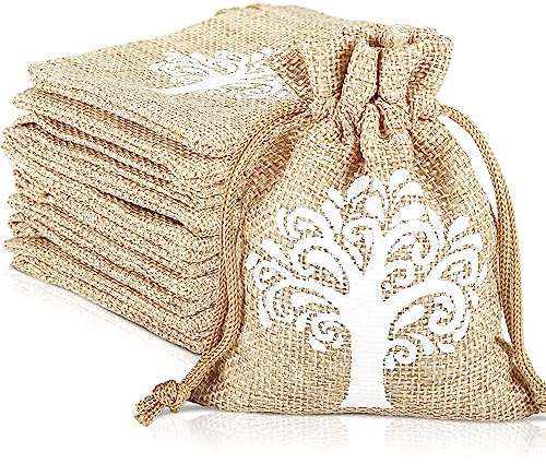 GWHOLE 25 Sacs Dragees Baptême, Sachet Jute Arbre de Vie Cordon, 10x8cm | Toile de jute naturelle, motif imprimé arbre de vie, fermeture par cordon coulissant pour mariage, anniversaire