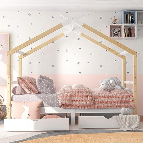 Sweiko Lit en Forme de Maison avec tiroirs, 90 x 200 cm, Cadre de lit en Bois Massif avec sommier à Lattes, lit en Forme de Maison en pin, idéal pour Les Chambres d'enfants et d'adolescents
