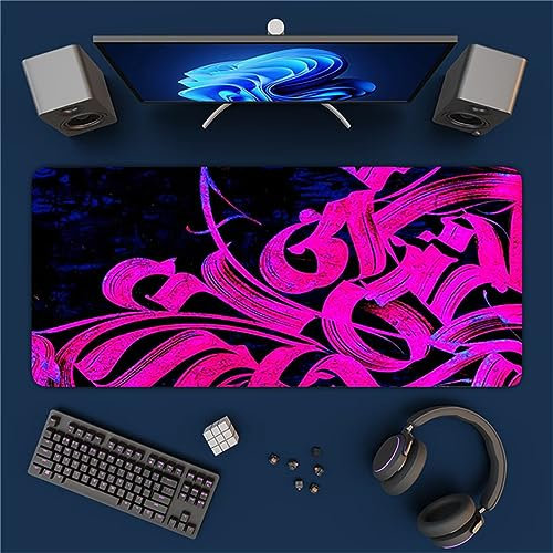 Gaming Mauspad Lila Kalligraphie, XXL Gaming Mauspads 23,6x15,7x0,12 Zoll Verlängertes Großes Mauspad Schreibtischauflage, rutschfeste Gummibasis Einfach Zu Reinigen für Gamer/Desktop/Büro/Zuhause