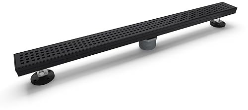 Merranox Rejilla Desagüe de Ducha Lineal de 36 pulgadas con Rejilla Extraíble, Drenaje de Ducha Negro Mate con Accesorios, Recogedor de Pelo Rectangular de Acero Inoxidable Certificado CUPC con Pies