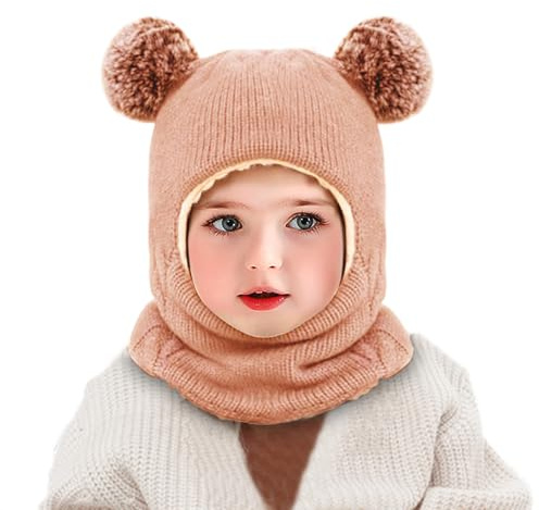 UQTUKO Kinder Wintermütze, Baby Wintermütze Mädchen Jungen Strickmütze mit Bommel Samtfutter Schlupfmütze Baby Beanie Hüte Balaclava Thermische Kapuzenschal für Babys Kinder