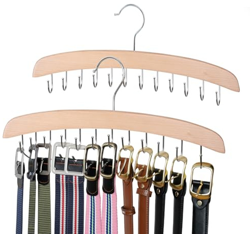 ManGotree Gürtel Aufhänger für Schrank, hölzerne Gürtelhalter mit 12 drehbaren Haken, platzsparende Gürtel Rack, Gürtel Lagerung Veranstalter für Gürtel, Krawatten, Schals, Hüte, 2 Pack (Natürlich)