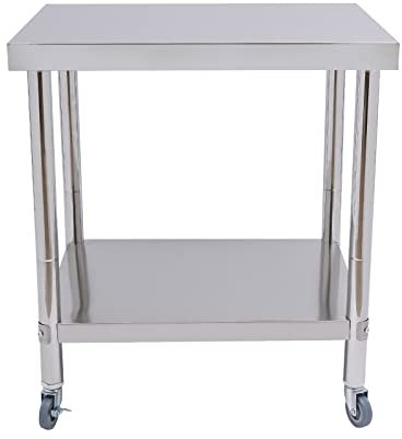 ROGONPDK Banco da lavoro in acciaio inox, per gastronomia, tavolo da cucina con ruote, carico massimo 300 kg, 76 x 60 x 85 cm, mobile da cucina, catering in acciaio inox