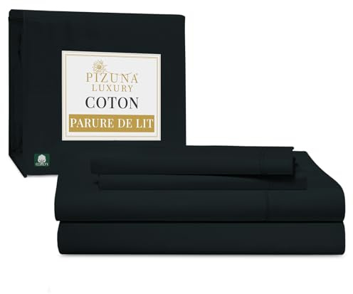 Pizuna Coton Luxueux Parure de Lit 180x200 cm Noire, Tissu de Satin de Coton à 800 Fils au Pouce carré Comprend 1 Drap Housse, 1 Drap Plat, 2 Taie d'oreiller (Draps 2 Personnes)