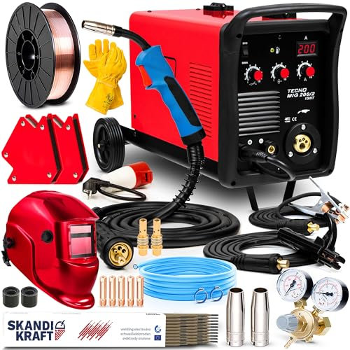 Ideal Tecno MIG 200/2 MMA - poste a souder mig avec gaz et sans gaz 200A - MIG/MAG, MMA, fil fourré - inductance, soudobrasage - 2T/4T, chariot robuste, dévidoir à 2 roulettes - Kit premium