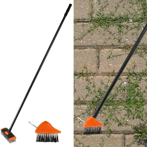 Brosse de désherbage avec manche télescopique de 133 cm, brosse métallique pour terrasse avec tête de brosse rectangulaire + triangulaire, outil de désherbage manuel pour le nettoyage des allées,