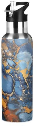 Linnyio Blaues Marmormuster Wasserflasche,Isolierte Thermoskanne,Sport-Vakuumbecher,Edelstahlkrug Auslaufsichere Sport-Trinkflasche,BPA-Frei,1000ml/600ml