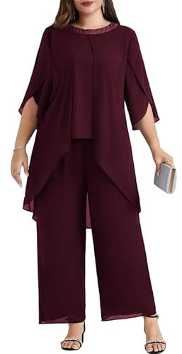 Hanna Nikole Abito da sera in chiffon taglie forti da donna set cocktail party elegante set 2 pezzi paillettes girocollo manica a pipistrello cardigan e pantaloni a vita alta tuta due pezzi, Vino