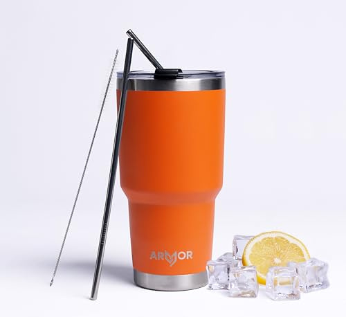 Product Armor 30 oz 900 ml Stainless Steel Insulated Tumbler (Lava Orange) – Double Wall Vacuum Cup with Spill-Proof Lid – Hot & Cold Travel Mug for Coffee, Water & Iced Drinks