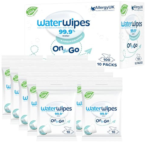 WaterWipes Sensitive+ On The Go Wipes, 100 Count (10 Packs), 3-In-1 Cleans, Cares, Protects, 99.9% Water, Unscented Wet Wipes