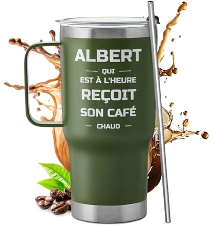 Maverton Mug Isotherme Gravé Vert 600 ml, Cadeau Personnalisé | Gobelet en Acier Inoxydable avec Paille et Boîte, chaud 6h/froid 10h, Cadeau Homme Personnalisé, Cadeau anniversaire femme