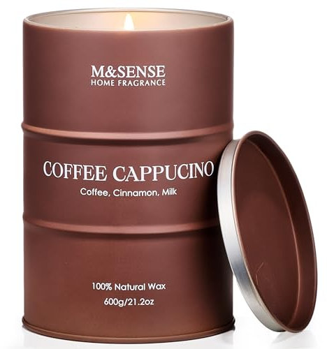 M&SENSE Kaffee Cappucina große Duftkerze im Glas Sojawachskerzen 600g 130 std lang anhaltendes Brennen Herbst Kaffee Aroma Kerzen Geschenk für Kaffeeliebhaber MSTCUK0221L CoffeeCappucina