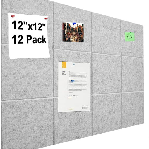 Pinnwand Filz Selbstklebend Groß 90×60 cm – 12 Stück 30×30 cm Filz Pinwand Wand, Korkwand Alternative, 9 mm Dick, inkl. Reißzwecken, Memoboard für Fotos & Notizen, Büro Zuhause Schule (Hellgrau)