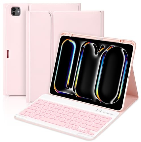 BQSS Keyboard Case for iPad Pro 13 inch M5 2025/ M4 2024, 7 Colour Backlit, Built-in Pen Holder and Detachable Bluetooth Keyboard for iPad Pro 13 inch A3007 A2925 A2926(Light pink)