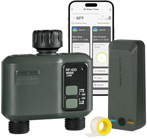 WILAWELS Bewässerungscomputer WLAN 2 Ausgänge, Smart Zeitschaltuhr Gartenbewässerung, Bewässerungsautomat, Bewässerung Zeitschaltuhr, Automatischer/Manueller Modus/Regenverzögerung, RF433 ZD32WTD06