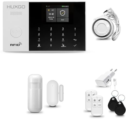 HUXGO® HXA005 Antifurto casa wireless WiFi + GSM 4G con Sirena | Kit allarme casa senza fili con 1x sensori di movimento, 1x sensori di allarme per finestre/porte | Per Casa, Ufficio