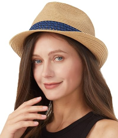 Zylioo S/M/L/XL/XXL Trilby Fedora cappelli di paglia per teste grandi/piccole, cappello estivo arrotolabile jazz spiaggia cappello da uomo per vacanze, Cubano-Khaki-Blu, L