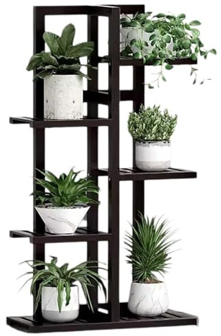 Étagère en bambou pour plusieurs plantes d'intérieur et d'extérieur pour salon, chambre à coucher, terrasse, balcon - Grand support de pot noir à 5 niveaux