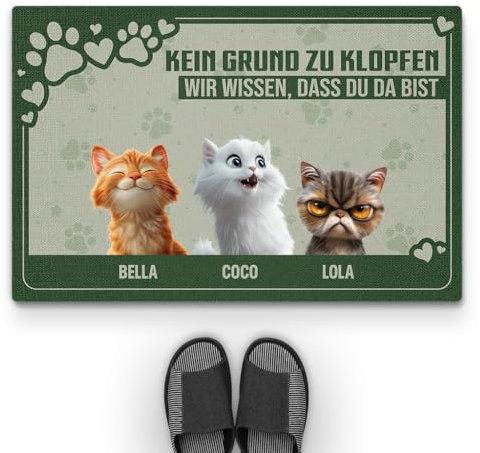 Geschenke Mall Personalisierte Fussmatte - Kein Grund Zu Klopfen Wir Wissen DASS Du Da Bist - Fussmatte Mit Namen, Fussmatte Selbst Gestalten, Fussmatte Katzen Personalisiert (3 Katzen)