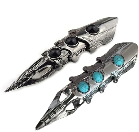 2Pcs Punk Full Armor Knuckle Joint Claw Finger Ring Set for Men Women Jewelry Gift Gothic Beaded Hinged Ring Halloween Cosplay Party Costume Accessory