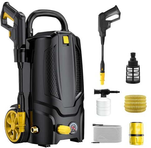 Profi Hochdruckreiniger, 110 Bar 1200 W Fassadenreiniger mit Schlauch, Fugenreinige, 390 l/h Fördermenge, Hochdruckpistole für Terrassen,Autos,Höfe,Zäune Cleanwise Leicht