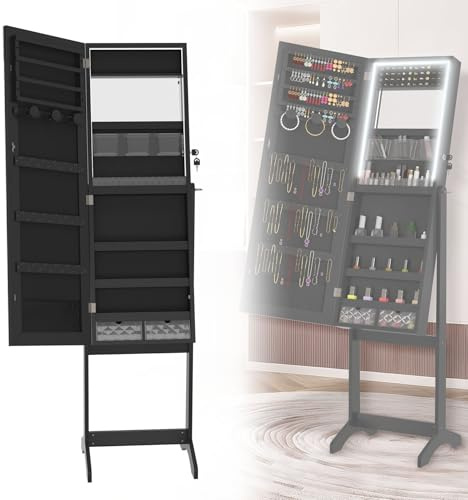 ACXIN Schmuckschrank mit LED-Beleuchtung und Spiegel | 2-in-1 Funktion Spiegelschrank | Verstellbarer Schmuckregal mit Stauraum | 152 x 39,5 x 36,5 cm | Abschließbare Schmuckbox | Schwarz