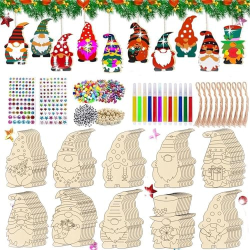 Trähängsmycken jul för målning, 70 stycken gör-det-själv pysselset för barn av trä, omålade med färgfyllning, julgransprydnad, juldekoration, presentetiketter för julgran