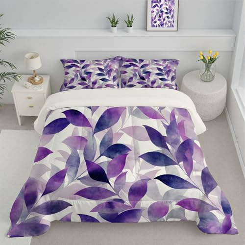 JEDTAKCT Aquarellblätter Bettdecke 140X200Cm, Wende Elegante Pflanzen Ganzjahresdecke, 4 Jahreszeiten Steppdecke 140X200Cm Violett, Weiche Waschbare Bettdecken Ohne Bezug Mit Kissenbezug
