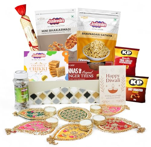 Emartbuy Luxury Diwali Gift Hamper with Assorted Sweets, Snacks, Set of 6 Gota Tealight Holders & Greeting Card in Premium Festive Box for Family, Friends, & Gifting - Lights & Delights Celebration