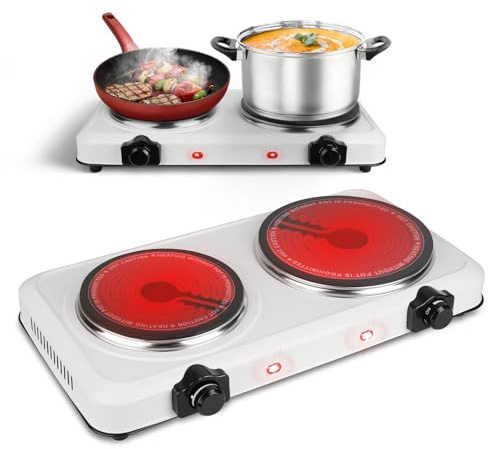 1800W Infrared Double Burner, Portable Hot Plate for Cooking, Countertop Burner with 7.5” & 6.3” Glass Plate Electric Cooktop with Stepless Temperature Adjustments for Home RV Camping
