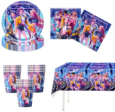 Somksonb Demon Hunters Party Tableware Set, 41-Piece, 17.8 cm Plates, Cups, Napkins and Tablecloth, Multicolour