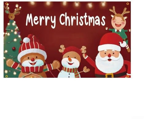 Cartel de Feliz Navidad con Papá Noel y muñeco de nieve, material de poliéster con ojales, adecuado para decoraciones navideñas al aire libre e interior y fondos de fotos (E)