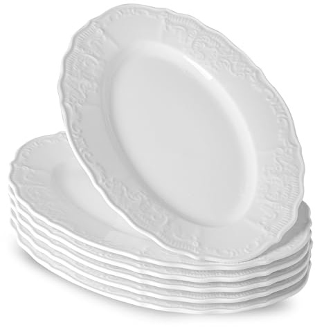 Neaylfe Ceramic Dinner Plates Set of 6, 10 inch Oval Embossed White Plates for Salad, Dessert, Appetizer, Steak, Large Flat Serving Plates for Kitchen, Restaurant, Parties