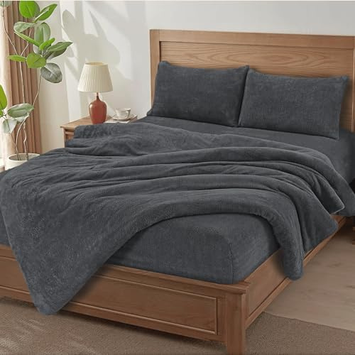 MH Home Soft Teddy Fleece Duvet Cover Breathable, Comfortable & Durable Bedding Cover Cosy, Easy-Care Terry Duvet Cover for Everyday Use (Charcoal, Single)