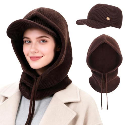 AYPOW Winter Slouchy Knitted Hat for Women, 3-in-1 Multifunctional Warm Windproof Adjustable Snood Hooded Scarf Hat, Fashion Balaclava Visor Baseball Caps With Neck Warmer for Ladies Outdoor Daily