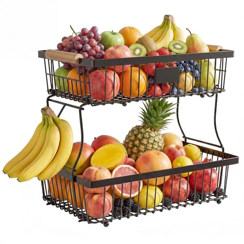 Eulihent 2 Tier Fruit Basket Fruit Bowl with Banana Hanger, Detachable Metal Fruit and Vegetable Storage with Wooden Handle for Bread Snack Veggies Potato