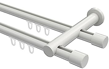 INTERDECO Innenlauf-Gardinenstange 20 mm 2-läufig, moderne Innenlaufstange aus Metall, Weiß, zur Wandmontage, Typ 10213112, 200 cm