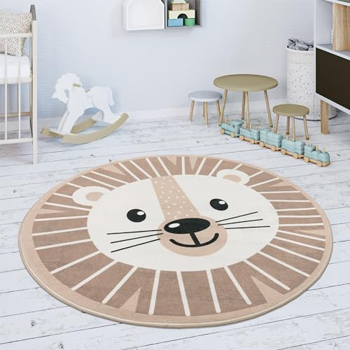 Paco Home Kinderteppich Teppich Kinderzimmer Rund Spielmatte Babymatte rutschfest Modern Mond Koala Löwenkopf, Grösse:120 cm Rund, Farbe:Beige