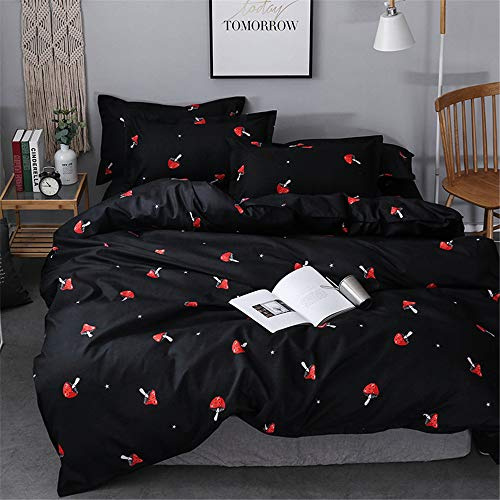 Morbuy Set Copripiumino Una Piazza e Mezza 200 x 200cm e 2 Federe, Sacco Copripiumino Bambino in Microfibra con Motivo di Funghi, Copri Piumone Traspirante, Nero