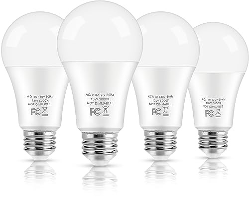 LED Light Bulbs, 100 Watt Equivalent A19, 13W 5000K Daylight White 1500 Lumens Non-Dimmable Bright E26 Edison Medium Screw Bulbs for Home Bedroom Kitchen Living Room Office Lamp, 4-Pack