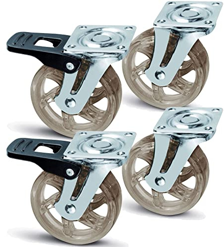 KÖNIG 4er Set Möbelrollen SHIFT, Ø 75 mm, transparent braun | 2 x ohne Bremse, 2 x mit Bremse
