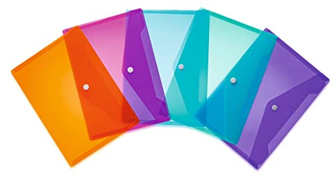 HERMA 20056 Dokumententaschen A5 transparent bunt, 5 Stück, kleine Sichttaschen Umschläge mit Druckknopf, Briefumschläge aus Plastik für Schule, Büro, Reise, orange, pink, hellblau, türkis, violett