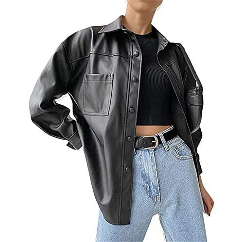 Sawmew Damen Lederhemd Retro PU Lederblazer Lederjacke Gotische Blusenjacke Langarm Einreiher Kunstleder Blusen Hemd Top (Color : Black, Size : L)