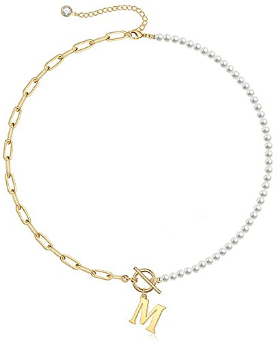 TINGN Gold Perlen Kette mit Buchstaben, Büroklammer Gliederkette Halskette Choker Kette Halskette Perle Ketten Initialen Halskette Damen Schmuck Buchstaben M Kette Geschenke für Frauen Mädchen