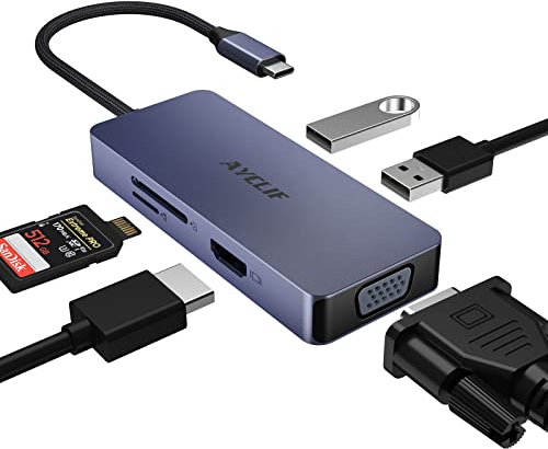 AYCLIF USB C Hub 6 in 1 USB C -zu HDMI VGA Dual Monitor USB C -Adapter mit USB A, SD/TF, Multiport USB C -Dock für MacBook Pro/Air, Dell/HP/Lenovo