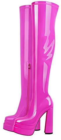 Only maker Stivali sopra il ginocchio elasticizzati da donna con plateau tacco a blocco, Vivamagenta, 45 EU