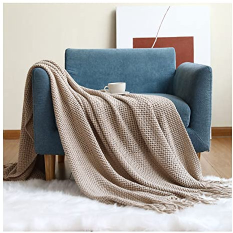 DAIHAN Nordischer Stil Sofadecke Decke Gestrickte Schaldecke Einfarbig Bett Handtuch Sofa Stricken Häkeldecke Kuscheldecke reversibel werfen mit Quaste für Couch, Bett Khaki