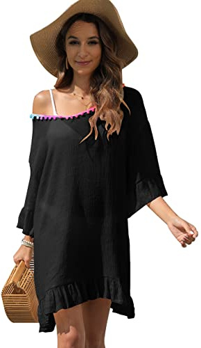 RPAEOY Camisolas Playa Mujer Bikini Cover up Pareo Playa Vestido Gasa con Pompones Túnica Playera Volantes Ropa Baño Verano Beachwear Suelto